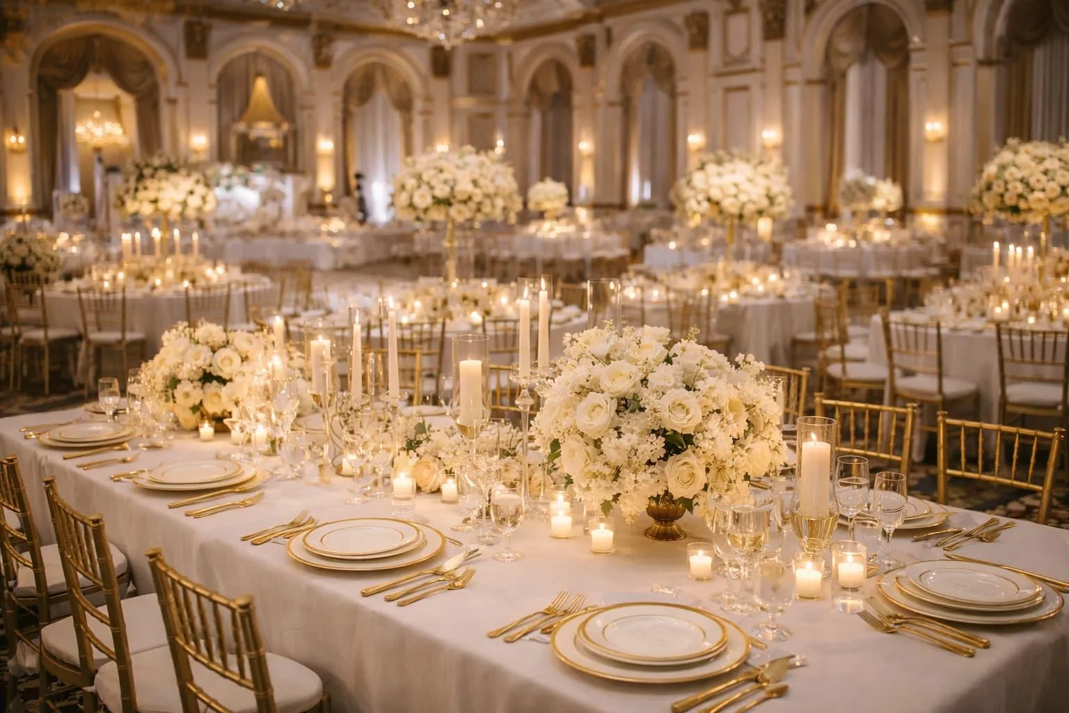 Grand ballroom with gilded chairs, chandeliers and towering white centrepieces
